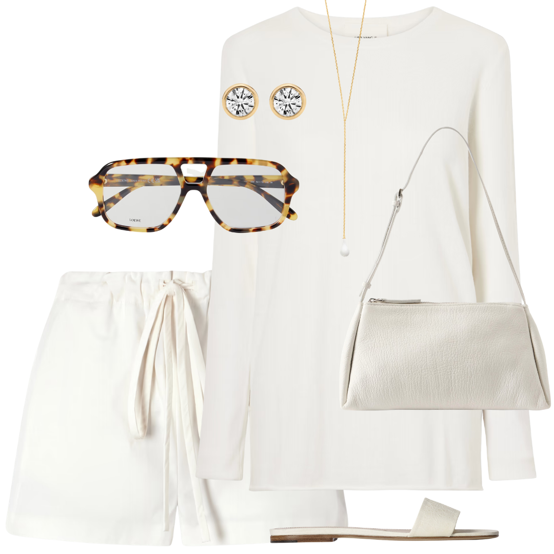White outfit with sunglasses, earrings, handbag, and sandals on a white background