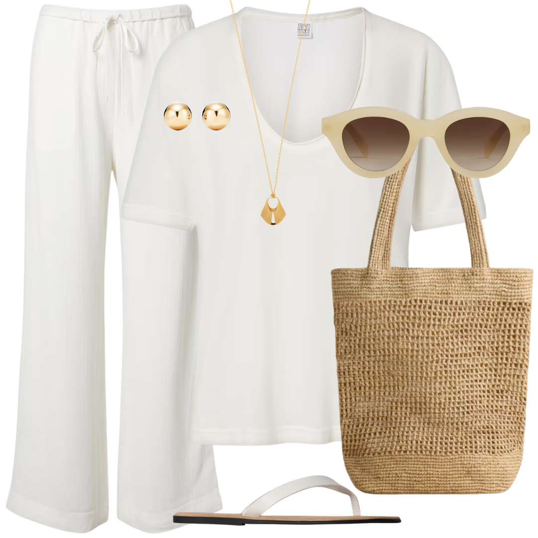 White outfit with sunglasses, gold necklace, and straw bag on a white background