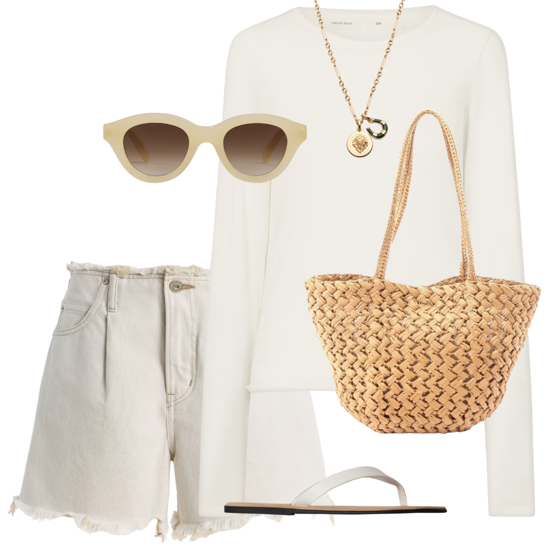 White outfit with beige sunglasses, woven bag, and sandals on a white background