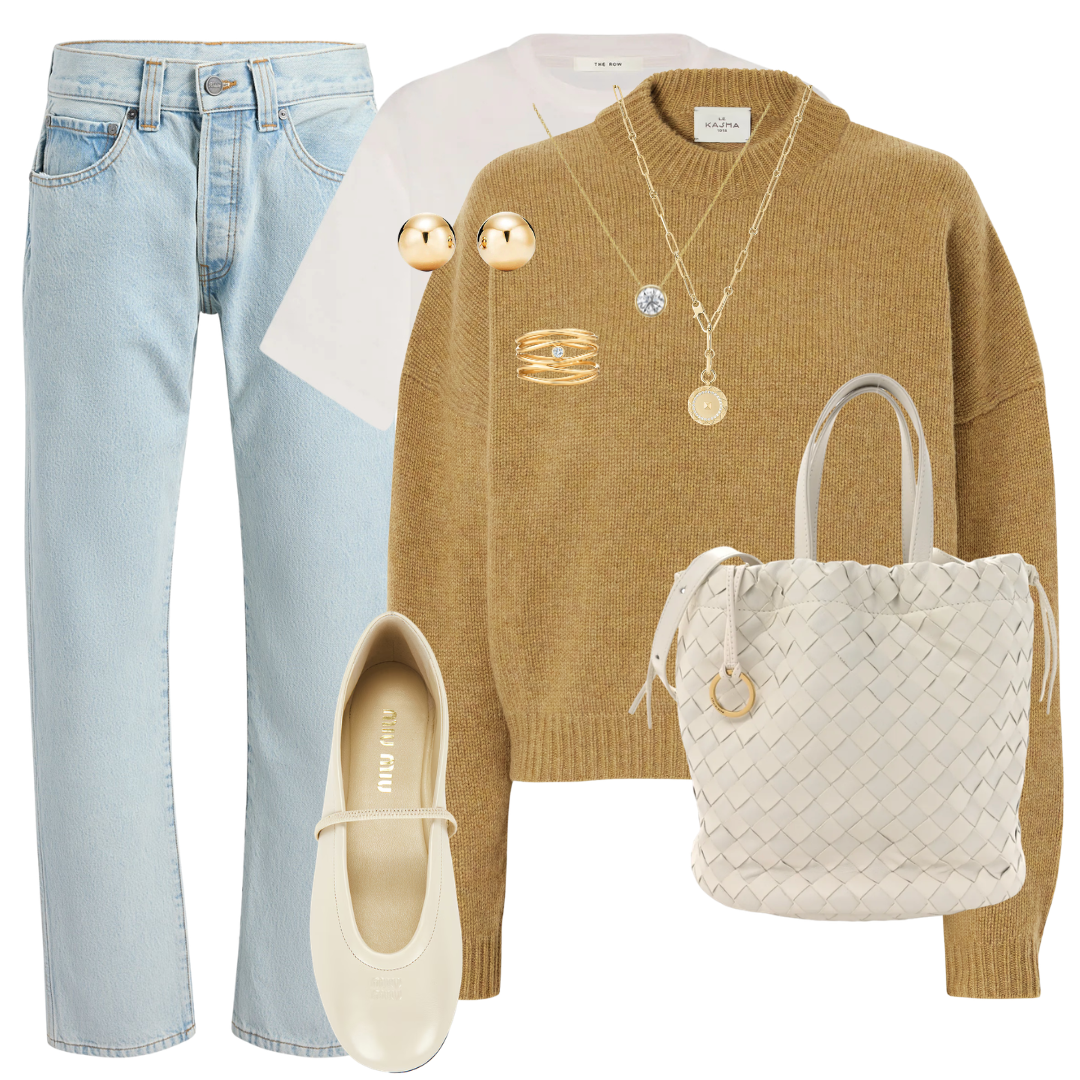 A flat-lay outfit collage featuring a light blue straight-leg denim jeans, a white crewneck t-shirt, a camel brown knit sweater with gold jewelry and embroidery, a white woven tote bag, and a cream Mary Jane flat shoe.