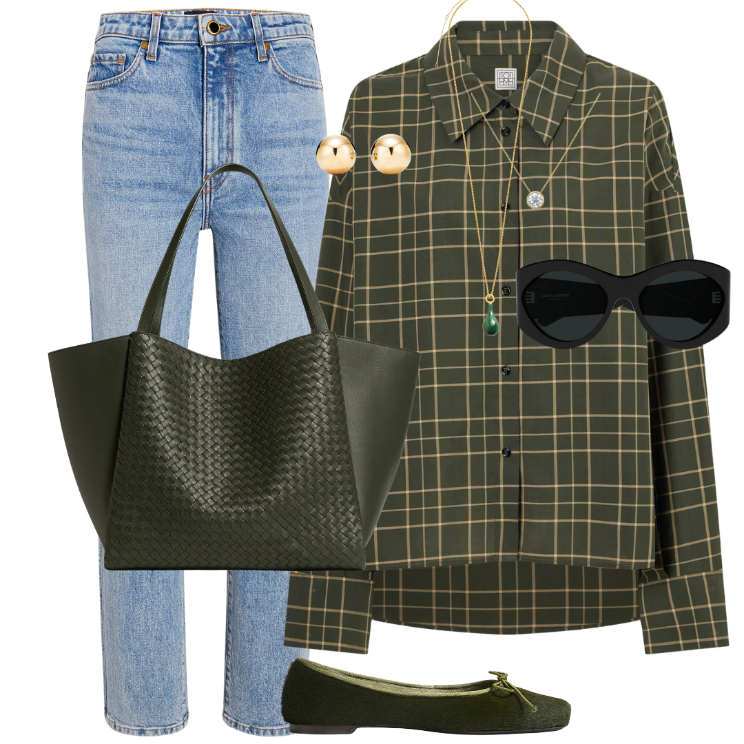 An outfit collage featuring an olive green plaid button-up shirt, light blue jeans, a dark olive green woven tote bag, black sunglasses, a gold pendant necklace, and olive green flat shoes on a white background.