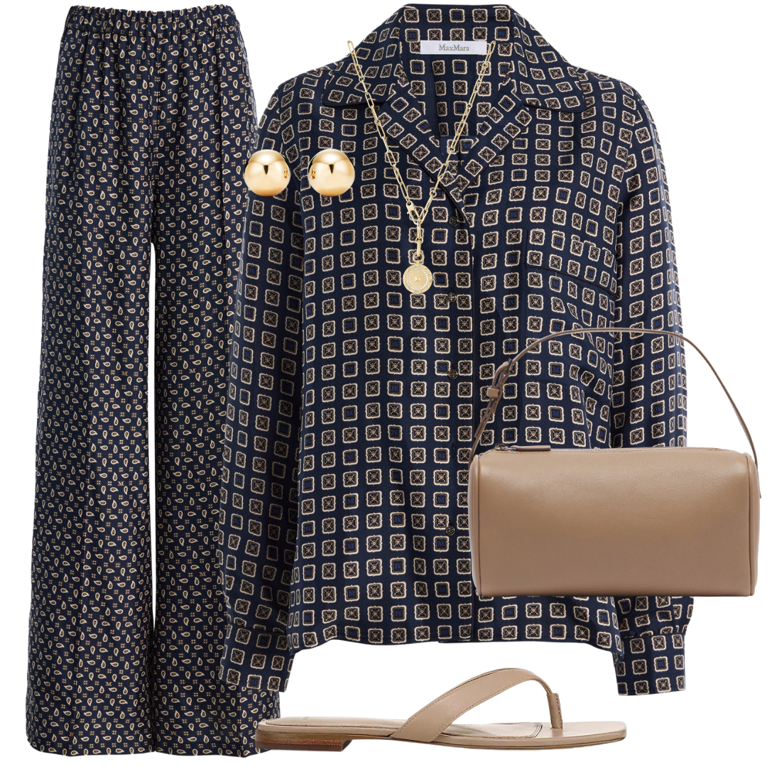 Fashionable outfit with patterned shirt, pants, necklace, sandal, and beige handbag on a white background