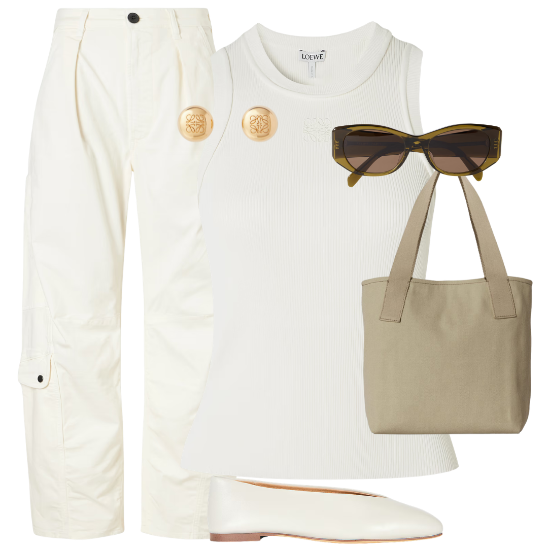 Fashion flat lay featuring white jeans, a white tank top, gold earrings, white flats, sunglasses and a tote bag.