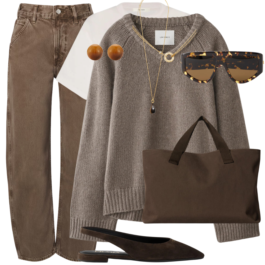 A flat lay outfit collage featuring a taupe knit sweater, brown pants, a white T-shirt, brown suede mule flats, a brown tote bag, tortoiseshell sunglasses, gold jewelry, and brown round earrings.