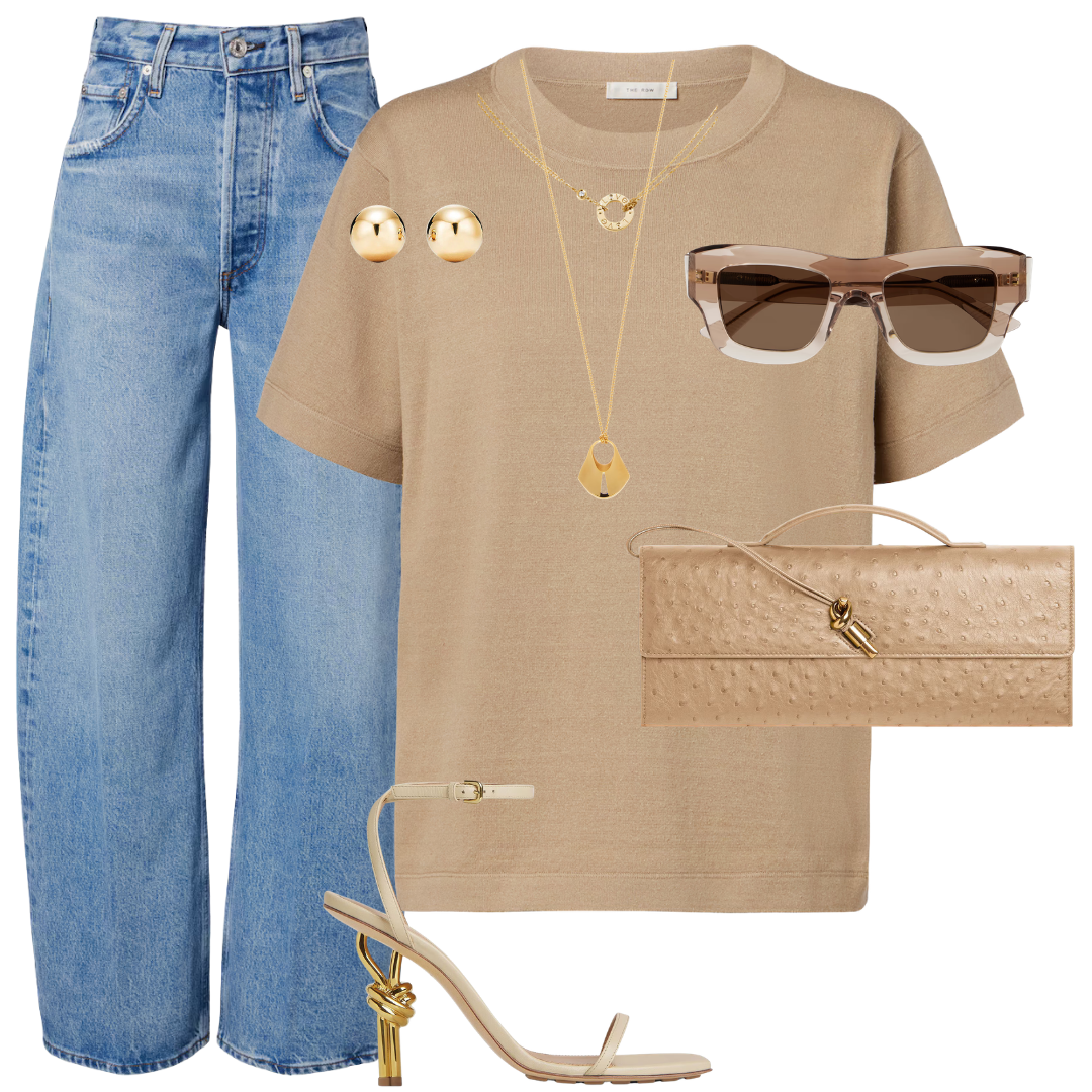 A fashion flat lay featuring a beige short-sleeve t-shirt, light-wash blue wide-leg jeans, gold hoop earrings, a gold pendant necklace, cat-eye sunglasses, a beige ostrich-textured clutch, and beige strappy high-heel sandals, all arranged on a white background.