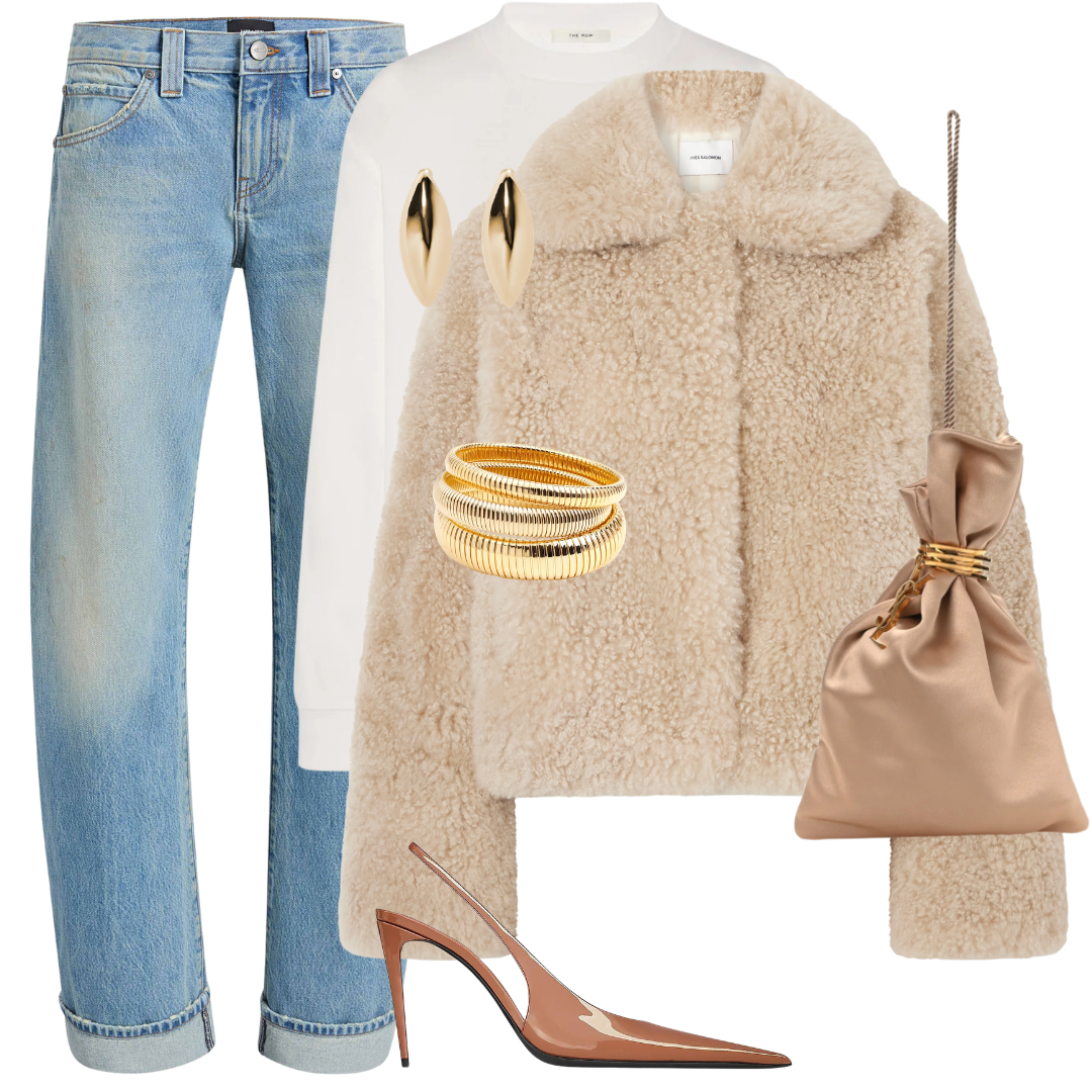 A fashion flat lay featuring a beige sherpa teddy jacket, light wash blue jeans, a white crewneck top, gold hoop earrings, stacked gold bangles, a beige satin drawstring bag, and nude slingback heels, all arranged on a solid white background.