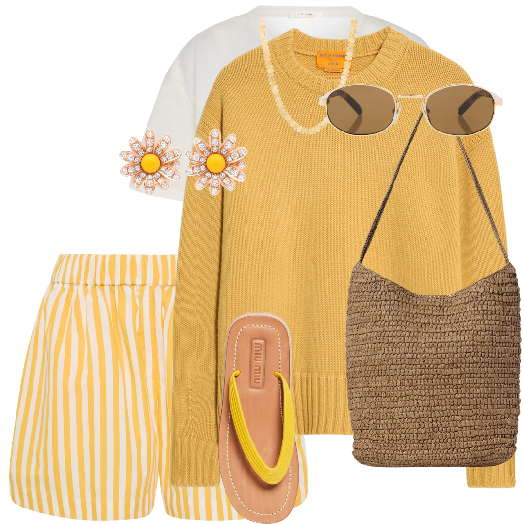 Yellow sweater, striped shorts, sandals, sunglasses, and earrings on a white background