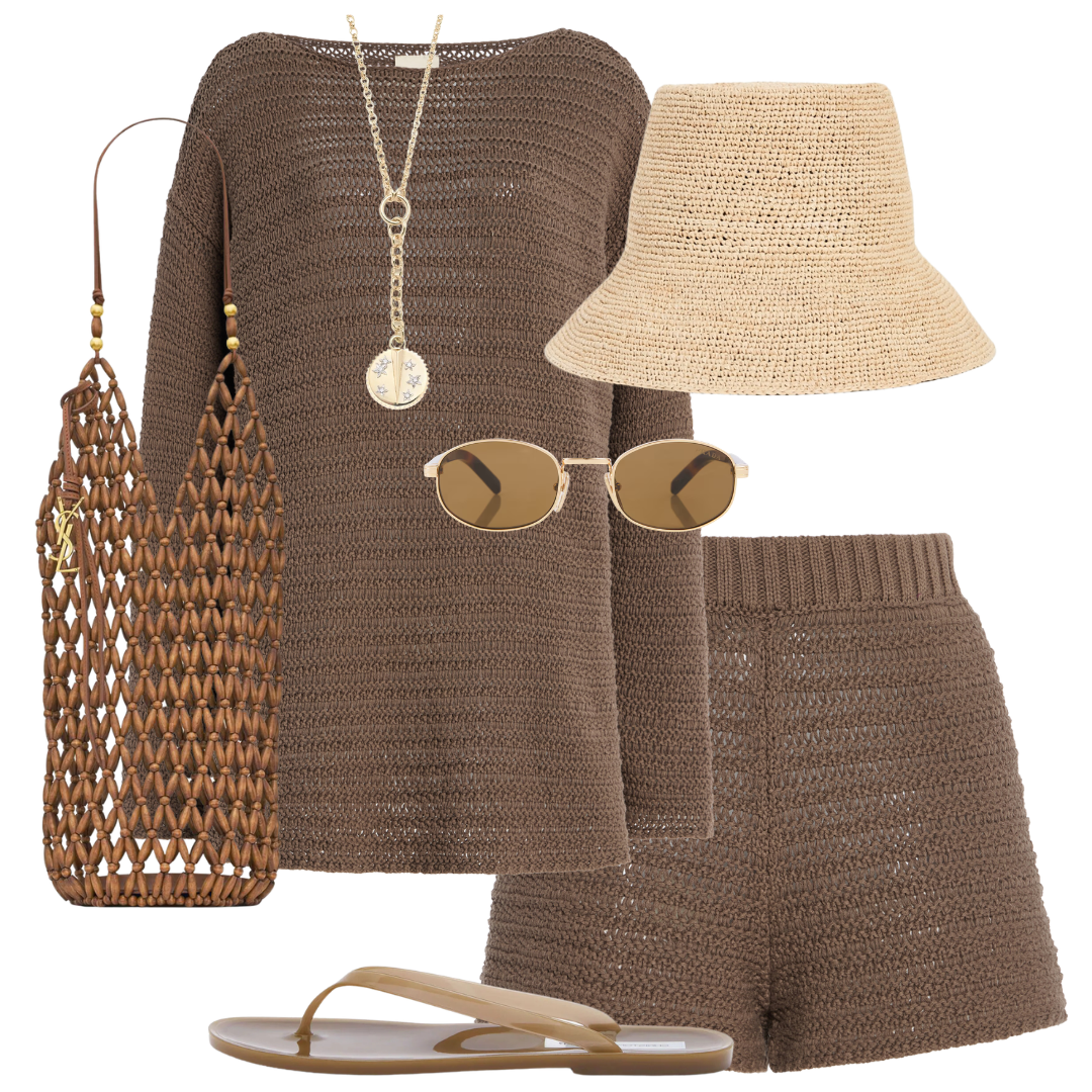 Brown knit outfit with accessories including a bag, necklace, sunglasses, and flip-flops on a white background