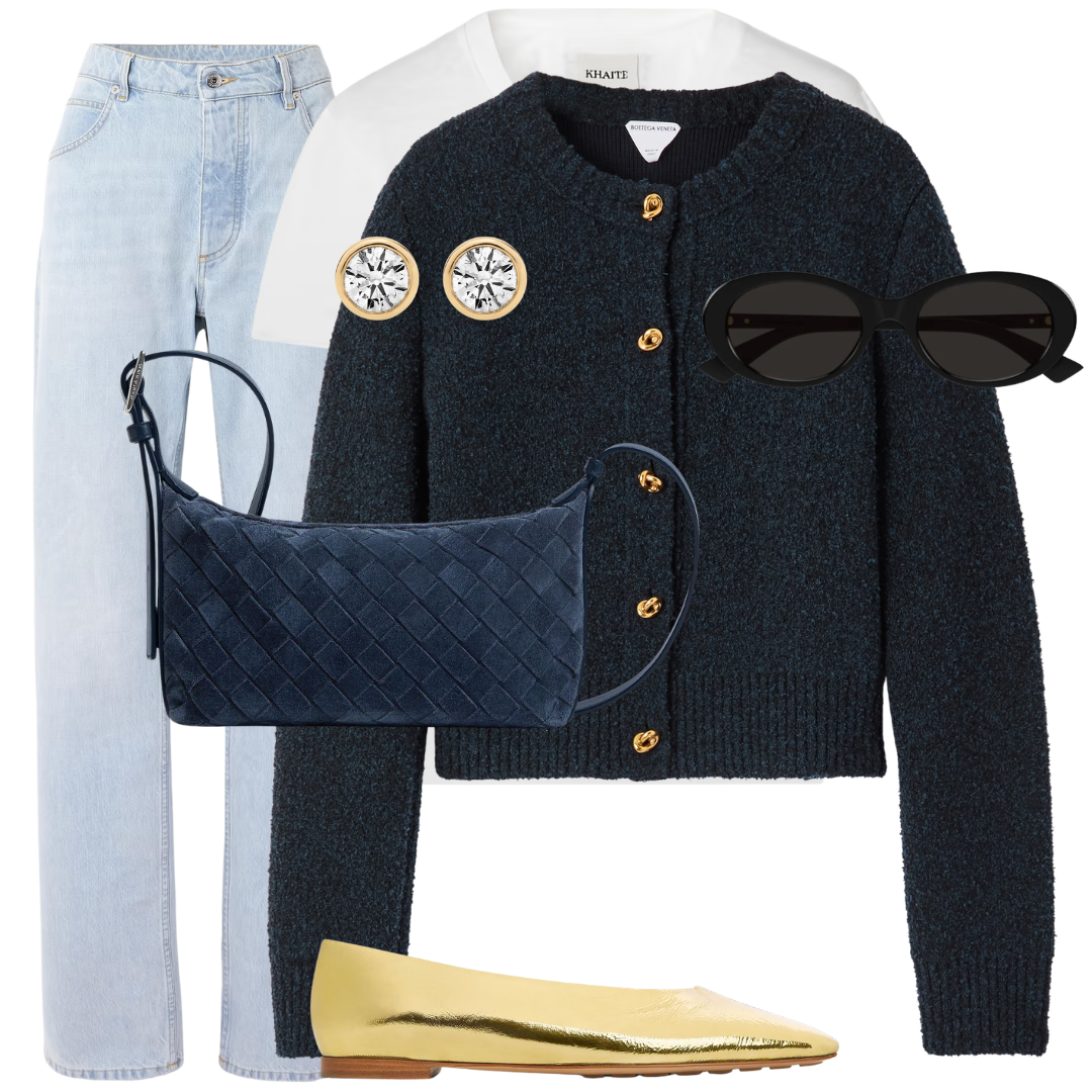 Navy cardigan with embellishments, light blue jeans, black sunglasses, quilted handbag, and gold flats on a white background