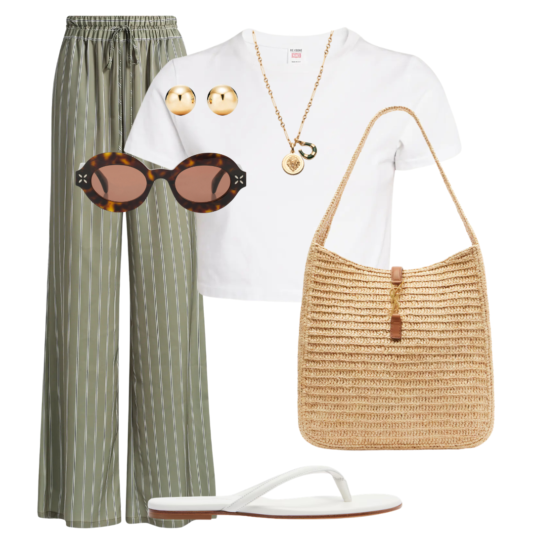 Collage of a white t-shirt, green striped pants, straw bag, sunglasses, and white sandals on a white background.