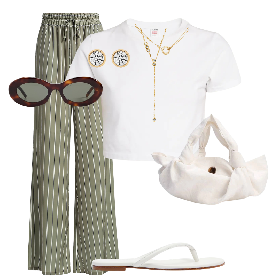Outfit with white t-shirt, green pants, sunglasses, necklace, handbag, and sandals on a white background