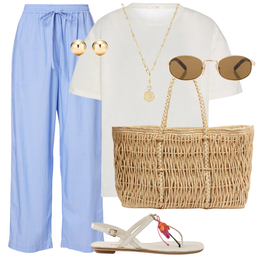 A styled summer outfit collage on a white background featuring light blue pinstriped wide-leg pants, a white short-sleeve T-shirt, a woven straw tote bag, gold-tone round earrings, a gold pendant necklace, sunglasses with brown lenses, and white thong sandals.