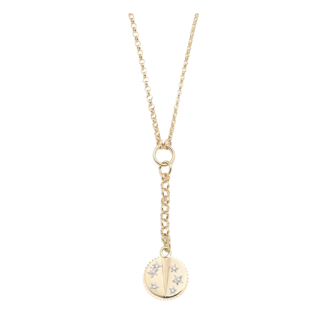 Gold necklace with a round pendant on a white background
