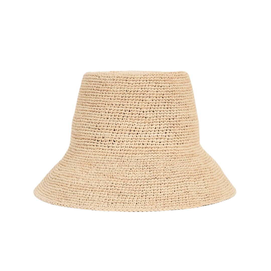 Beige woven bucket hat on a white background