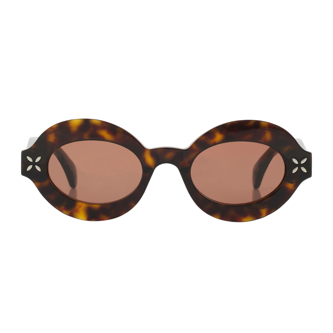 Sunglasses with tortoiseshell frame and brown lenses on a white background