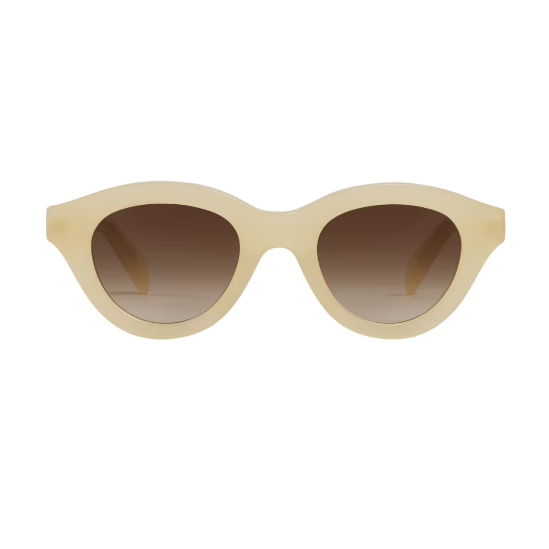 Beige sunglasses with brown gradient lenses on a white background