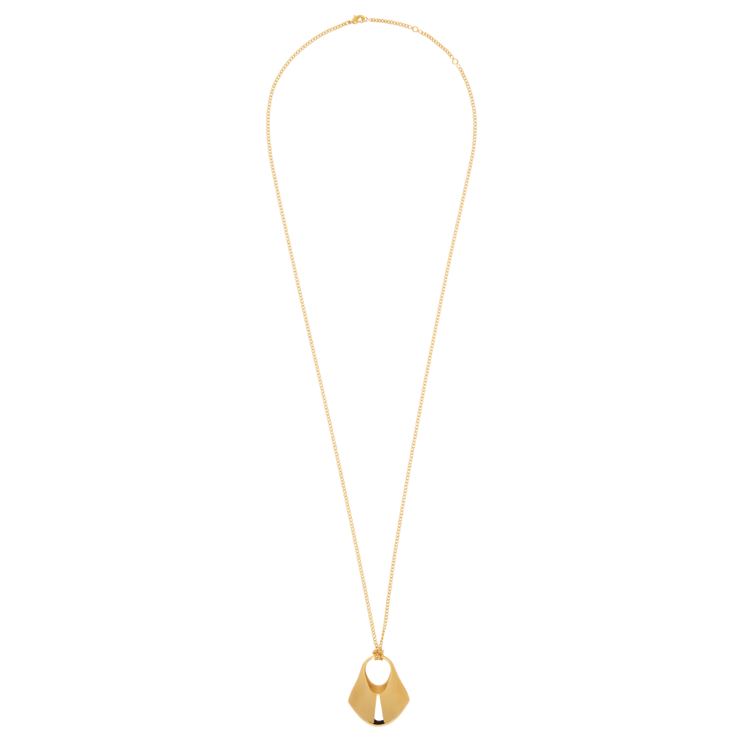 Gold necklace with a teardrop-shaped pendant on a white background