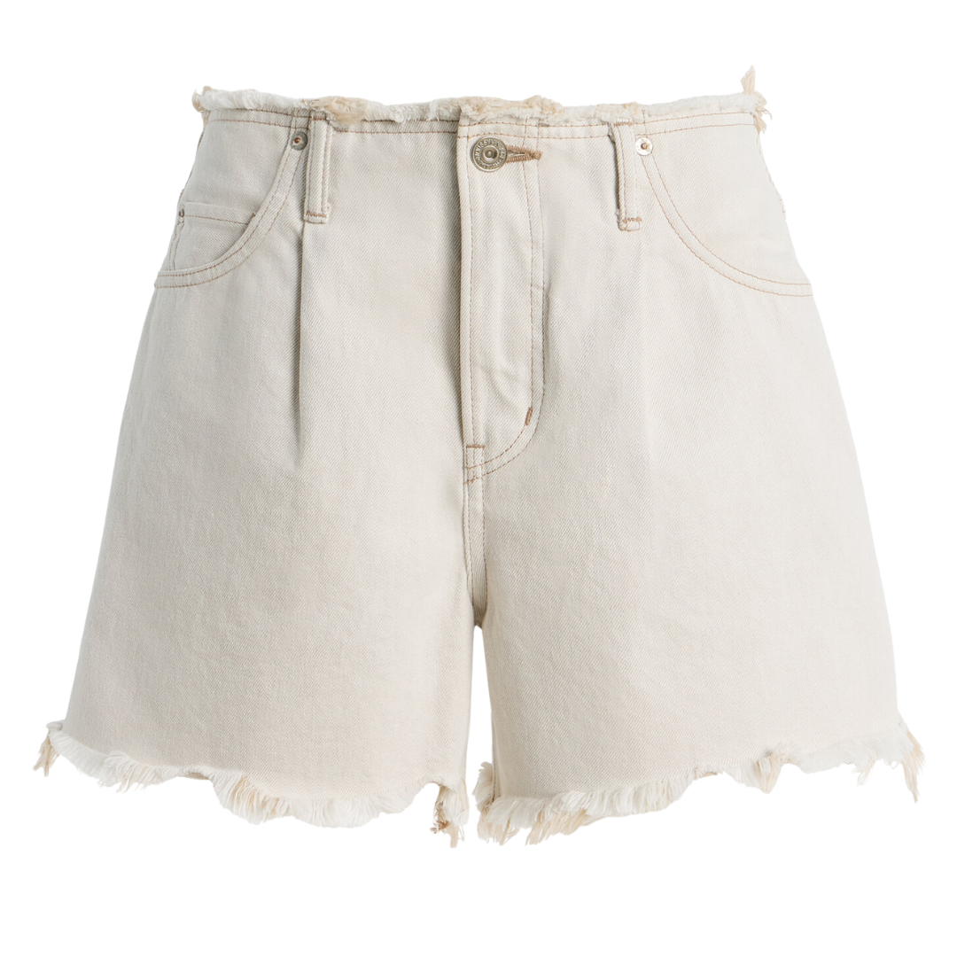 Beige denim shorts on a white background