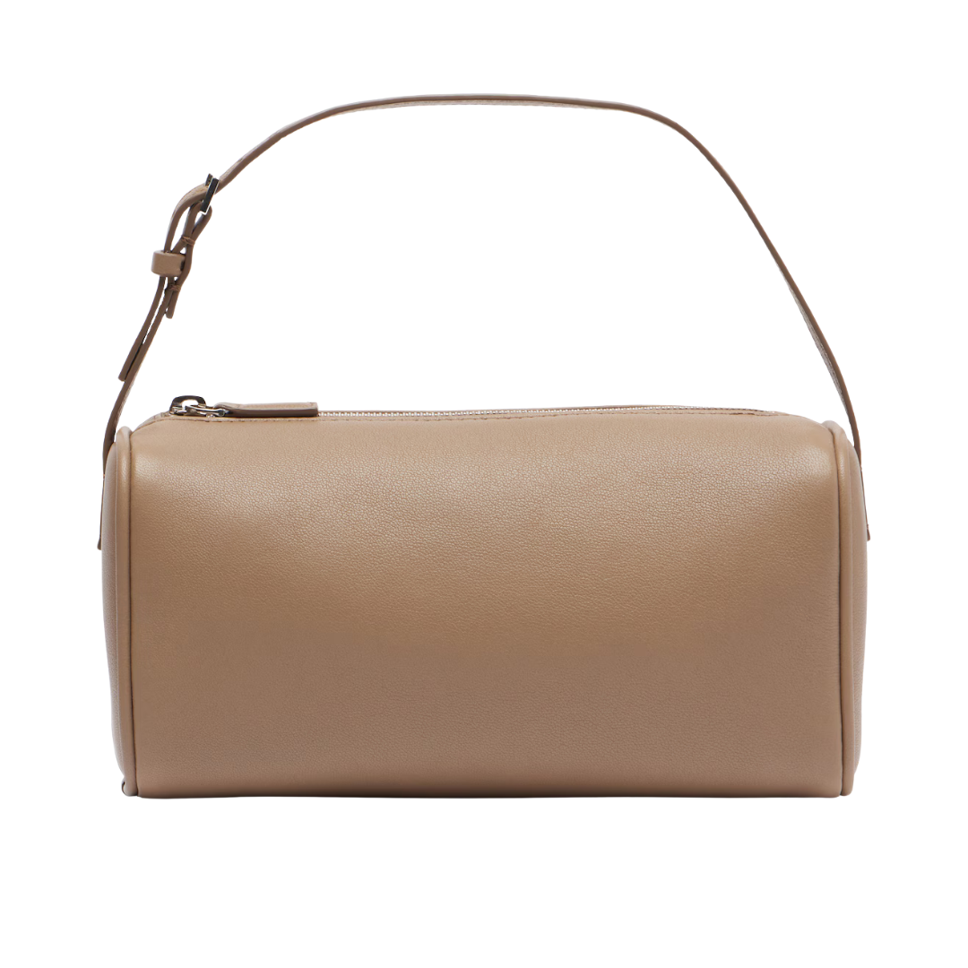 Beige handbag with a strap on a white background