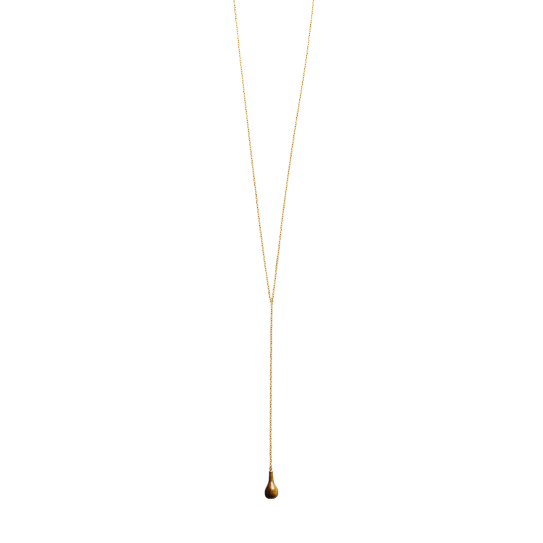 A delicate gold Y-necklace with a small teardrop-shaped gold pendant, shown against a solid white background.