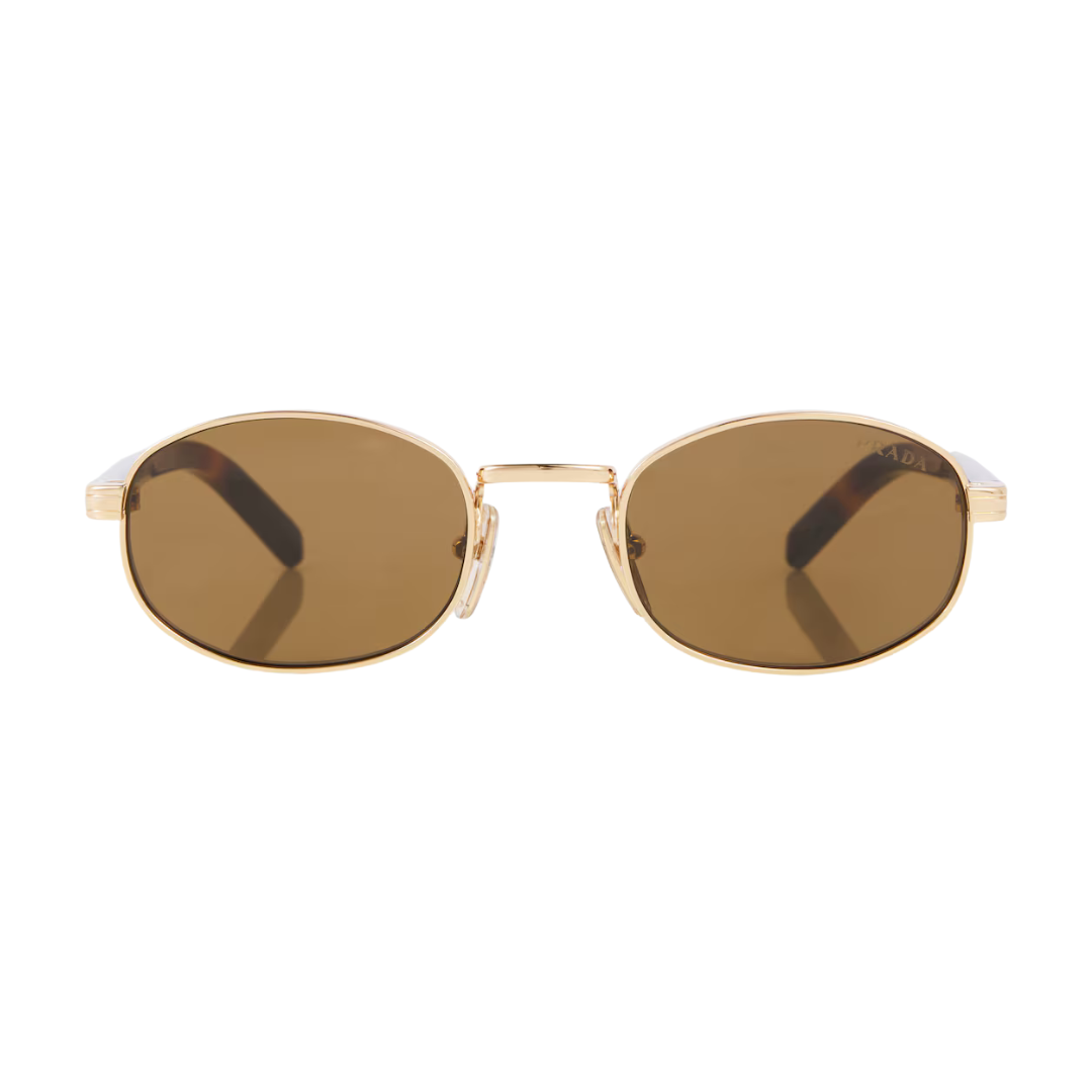 Gold-framed sunglasses with brown lenses on a white background