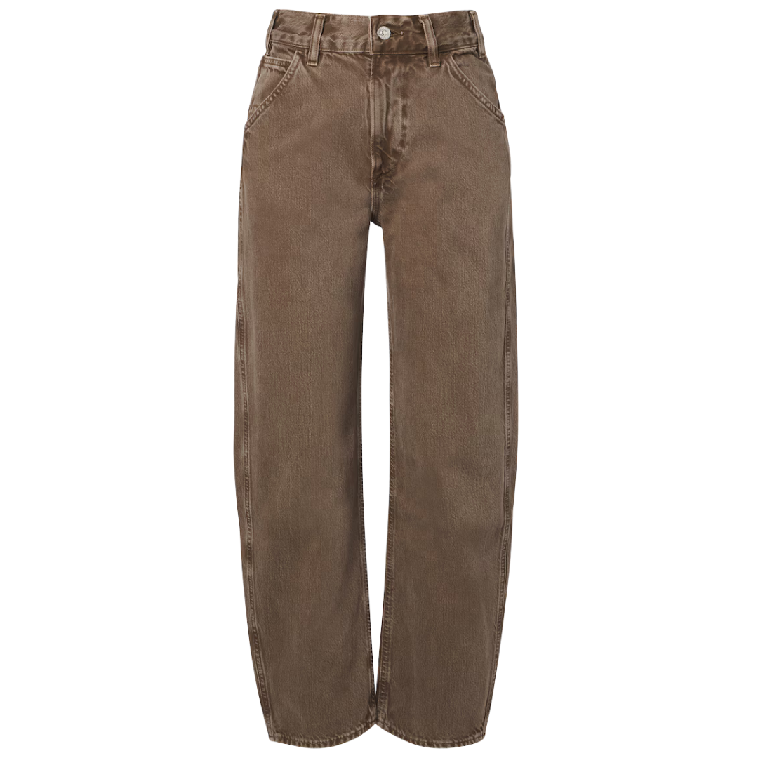 A pair of brown wide-leg jeans with a faded wash, shown flat against a solid white background.