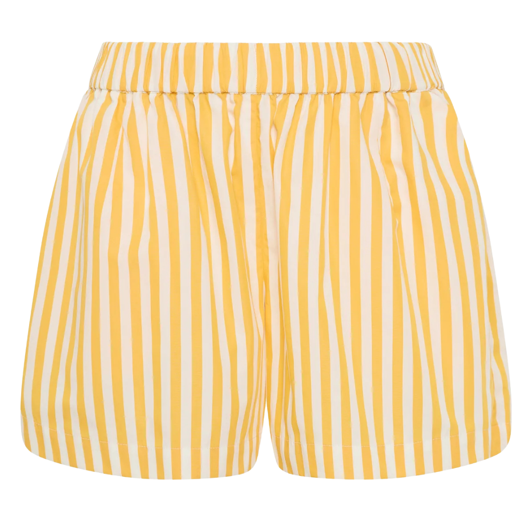 Yellow and white striped shorts on a white background