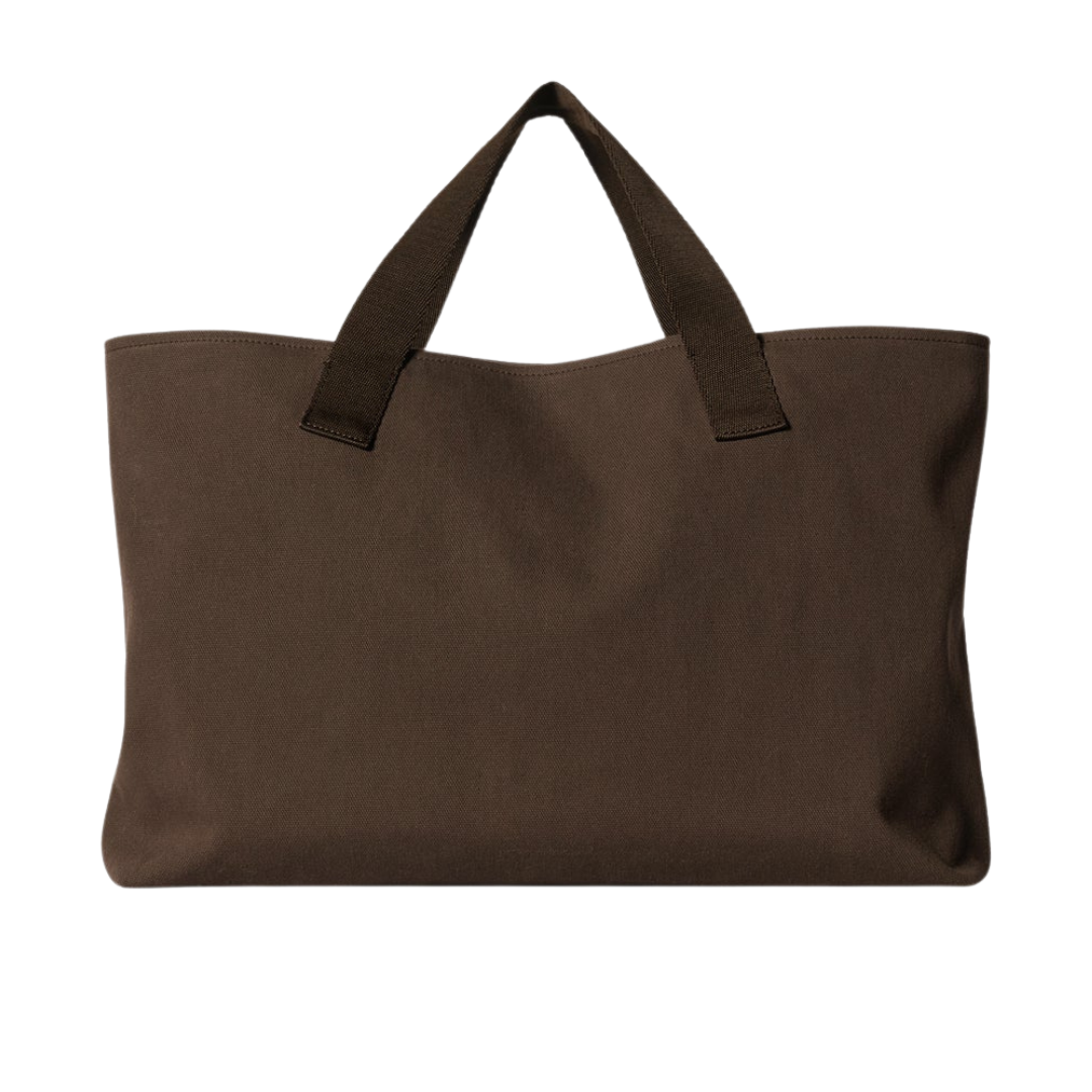 A dark brown canvas tote bag with two matching shoulder straps, shown against a plain white background.