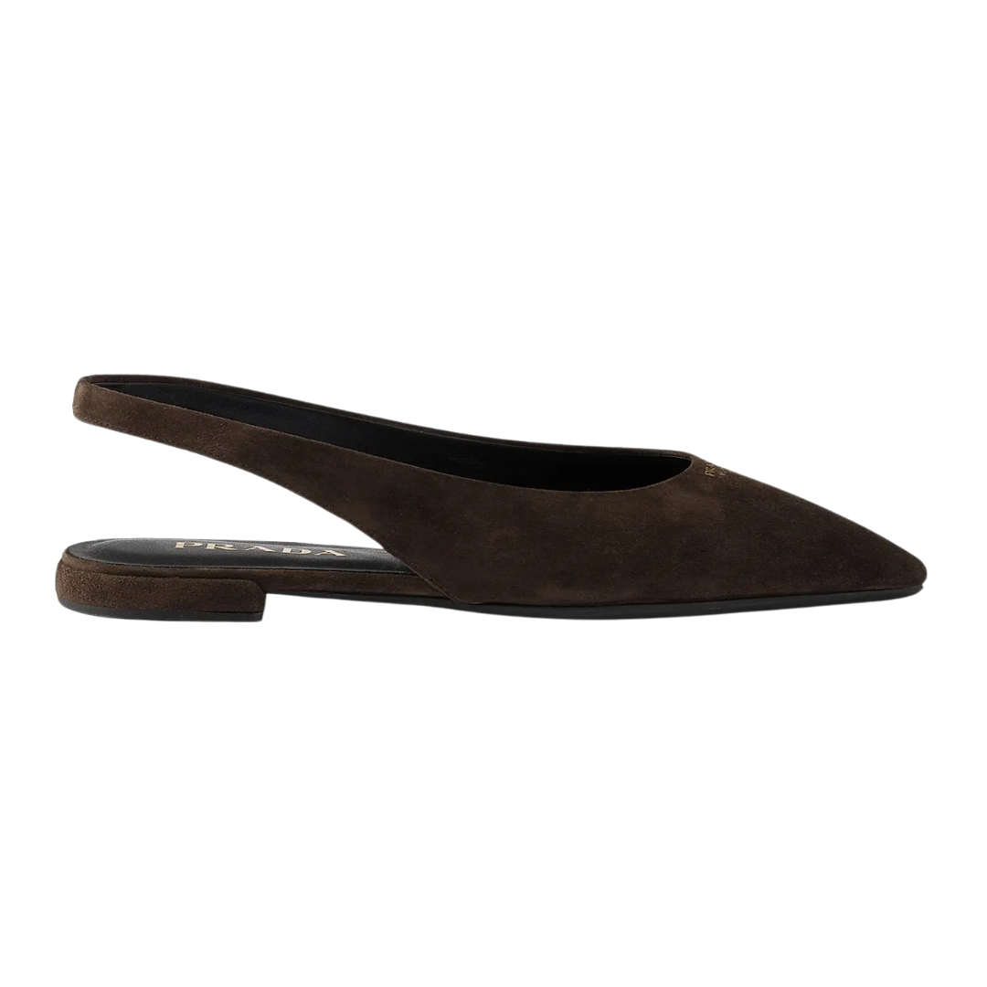 A single dark brown suede flat slingback shoe with a pointed toe, shown in profile against a plain white background.