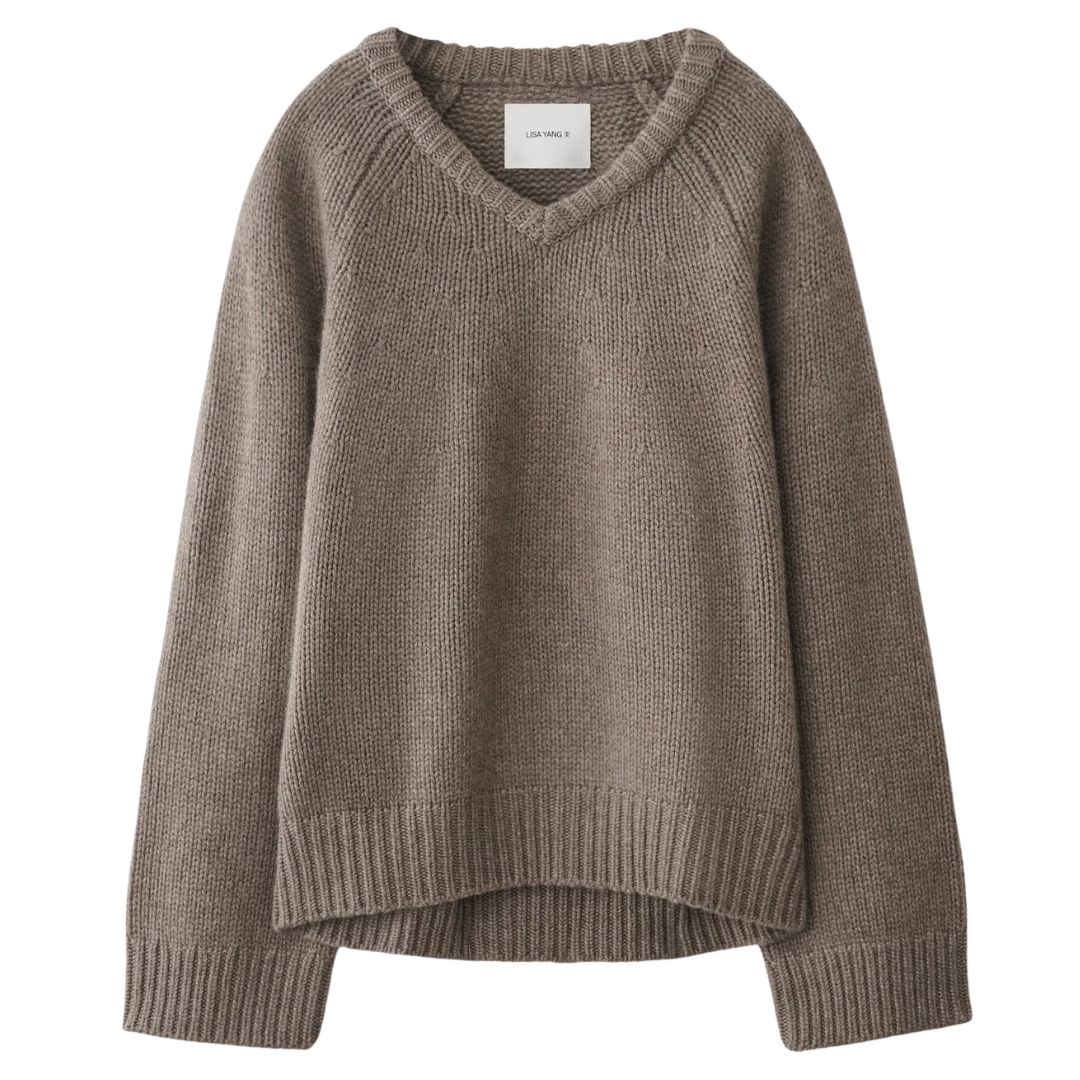 A taupe brown knit sweater with a V-neck, raglan sleeves, and ribbed hem and cuffs, shown flat on a white background.