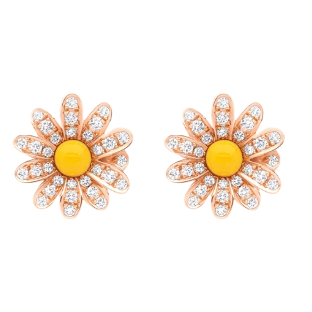 Pair of flower-shaped earrings with yellow centers and rose gold frames on a white background