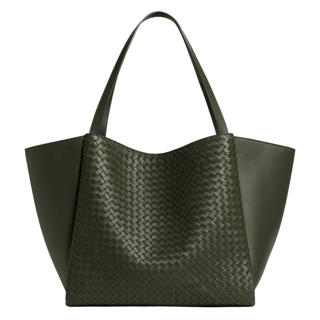 An olive green leather tote bag with a woven basketweave pattern on the front panel and smooth leather side panels and handles, shown against a plain white background.