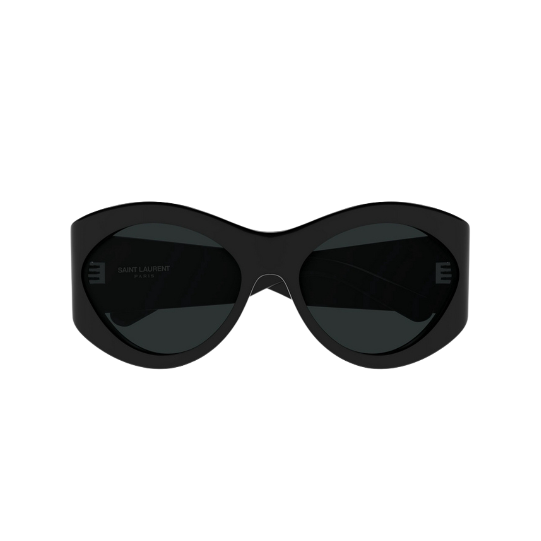 Saint Laurent oversized sunglasses with a bold wavy black frame and dark lenses, shown from the front on a plain white background.