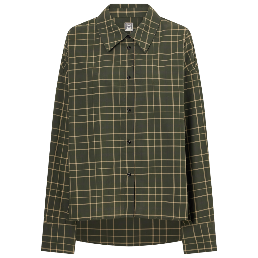 An olive green long-sleeve button-up shirt with a beige windowpane plaid pattern, shown against a plain white background.