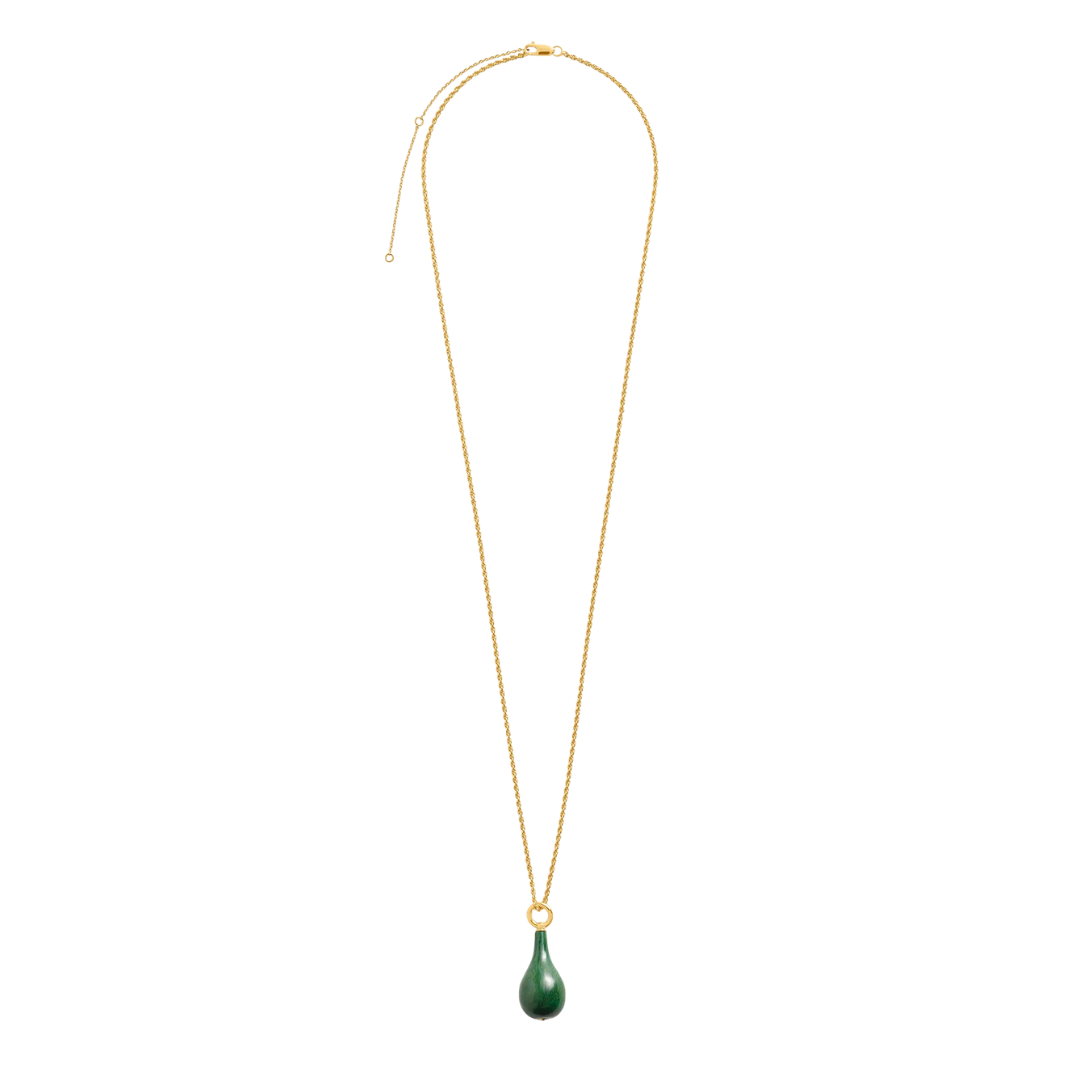 A delicate gold chain necklace featuring a small gold ring and a teardrop-shaped dark green stone pendant, displayed against a solid white background.