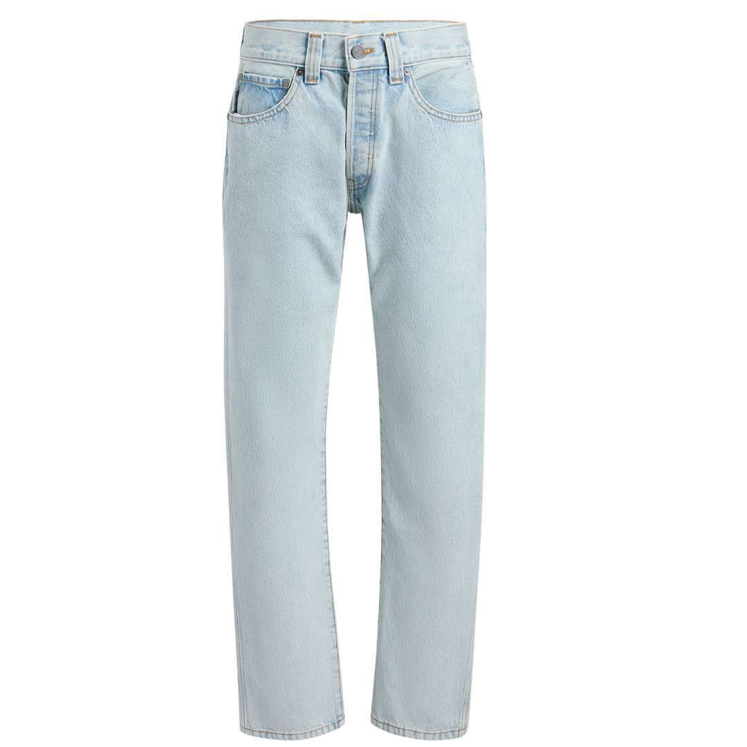 Light wash blue denim jeans shown flat against a solid white background.