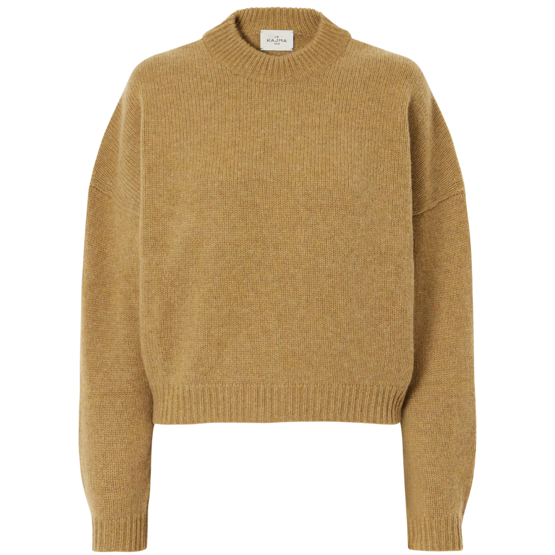 A cropped crewneck knit sweater in a warm camel tan color, shown flat against a solid white background.
