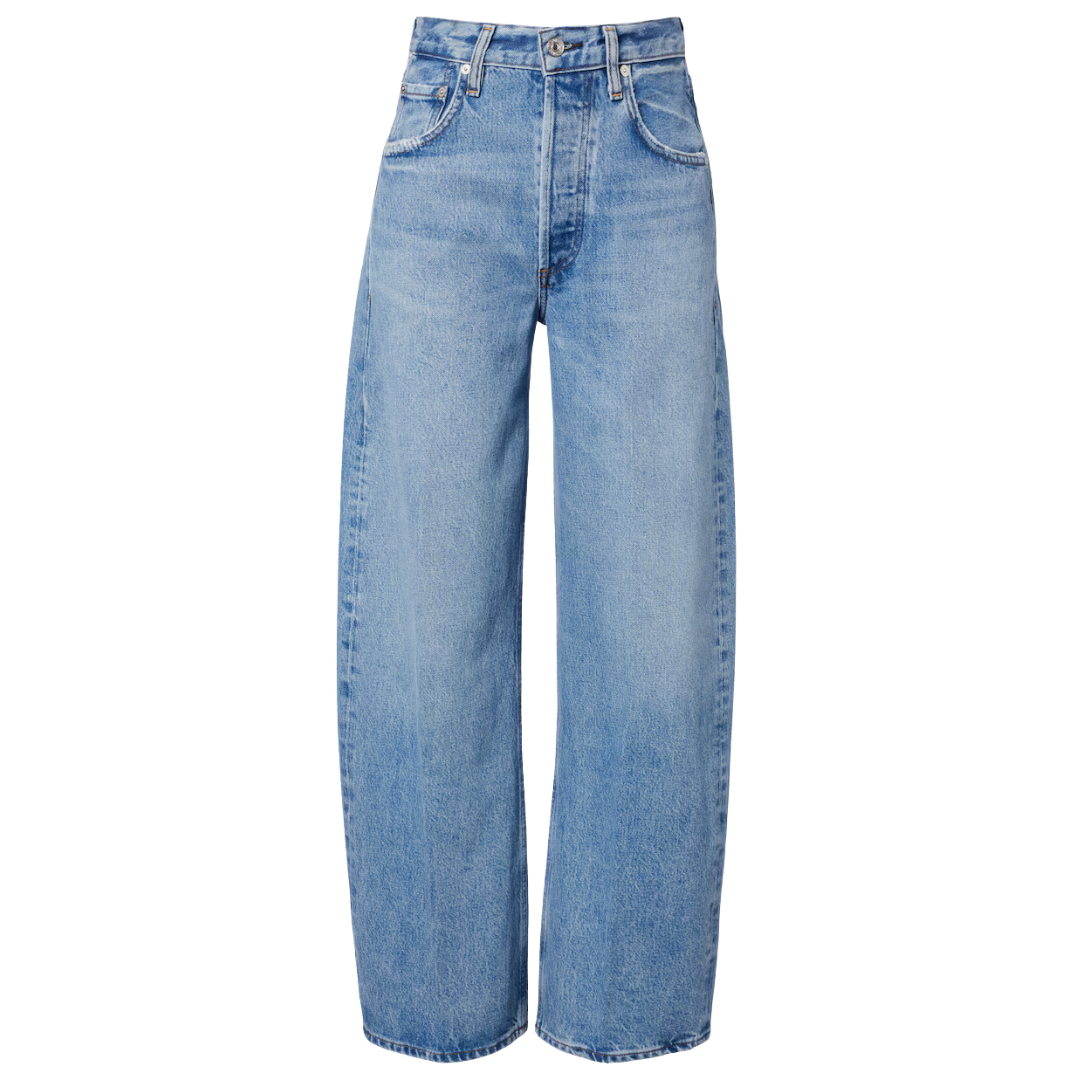 Light blue wide-leg denim jeans with a high waist and front pockets, shown flat against a white background.