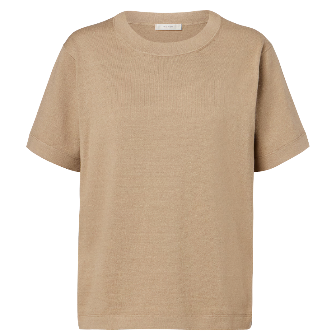 A short-sleeve crewneck t-shirt in a light tan or beige color, shown flat against a solid white background.
