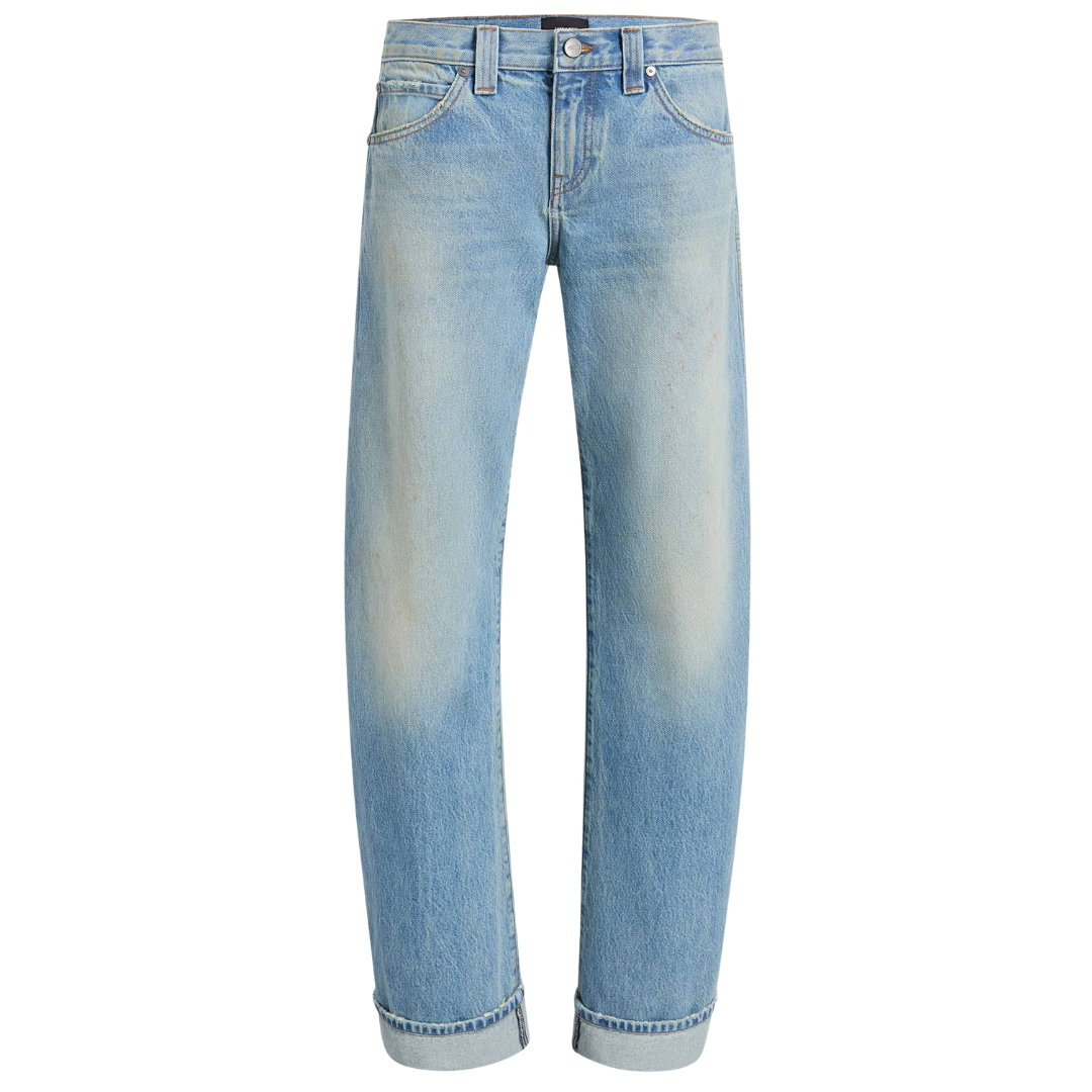 Light blue denim jeans with a faded wash and cuffed hems, shown against a plain white background.