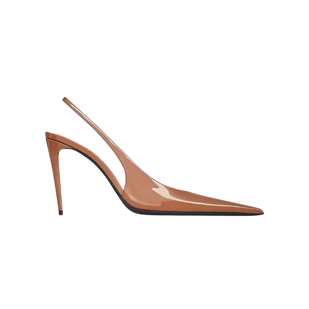 A single patent leather slingback high heel shoe in a warm tan-brown color, shown in profile against a solid white background.