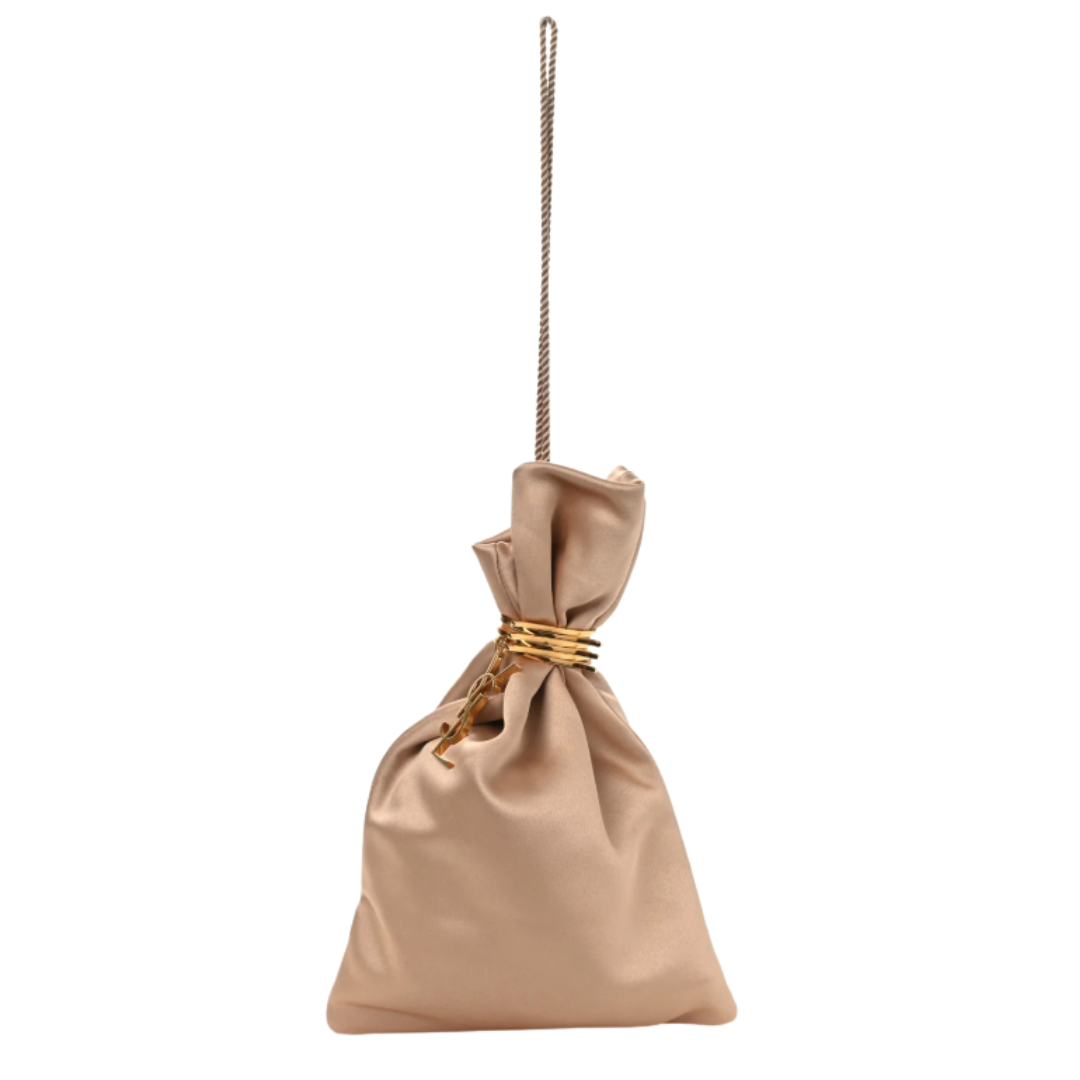 A beige satin drawstring pouch bag with a gold chain strap and gold metal accents, shown against a plain white background.