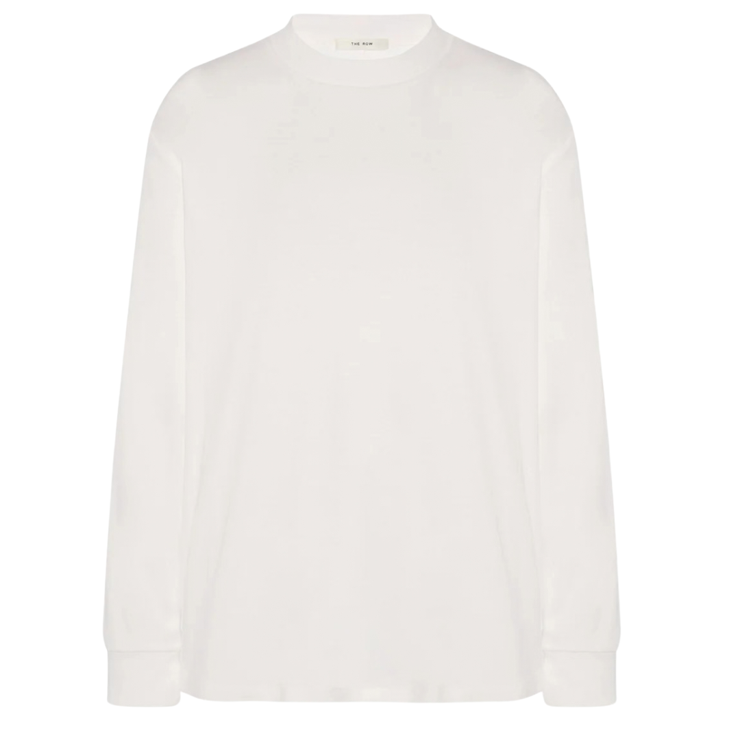 A white long-sleeve crewneck knit top by The North, shown flat against a solid white background.