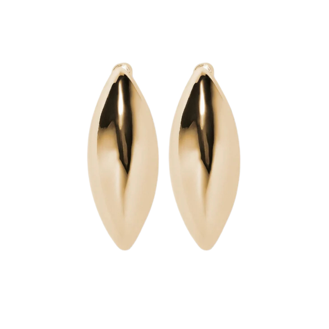 A pair of polished gold marquise-shaped stud earrings on a solid white background.
