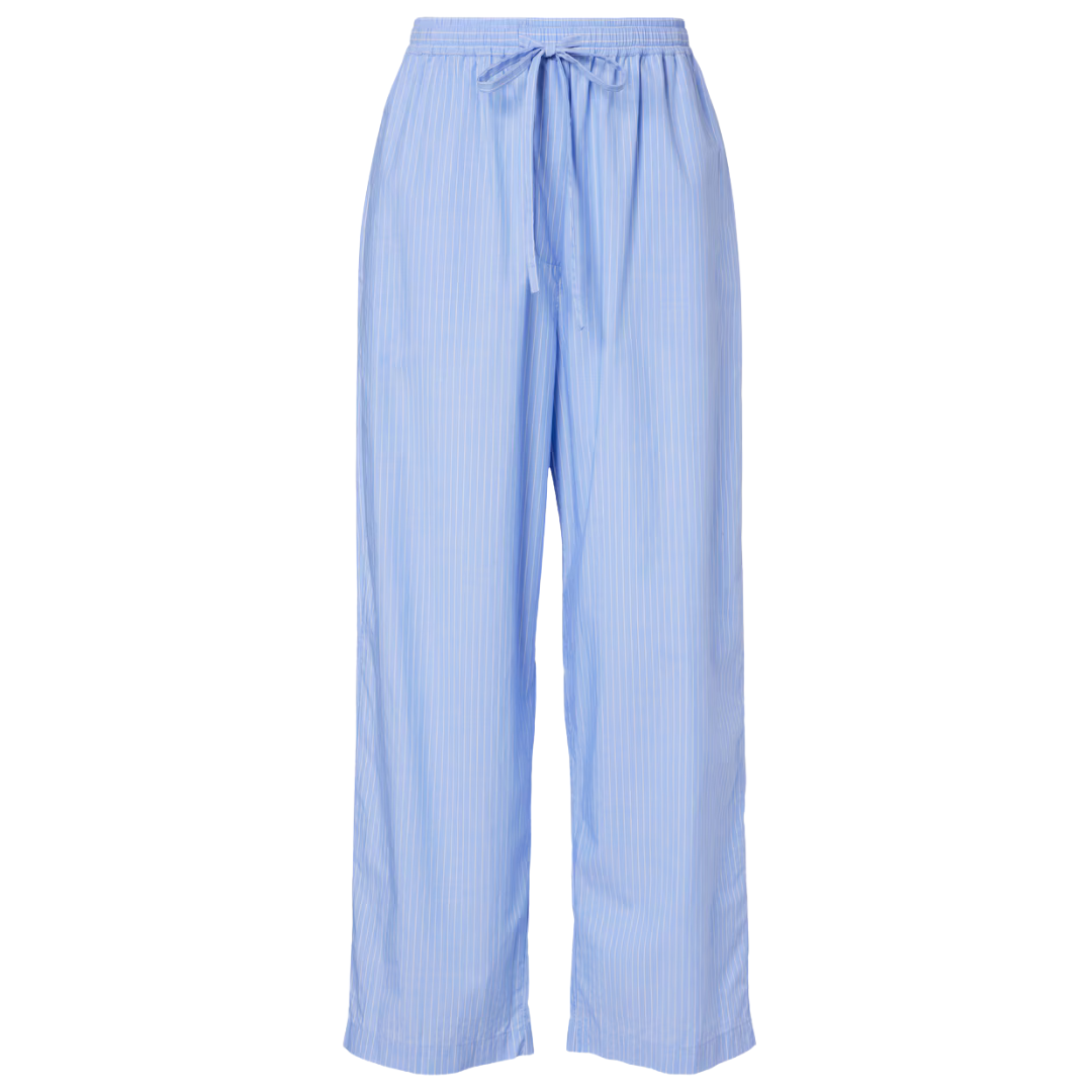 Light blue and white vertically striped wide-leg trousers with an elastic waistband and drawstring, shown on a plain white background.