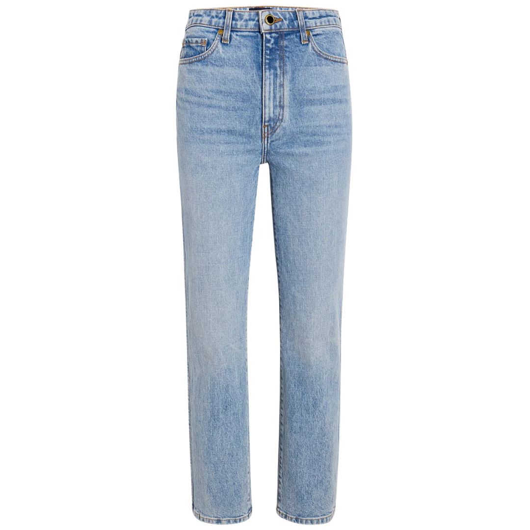 Light wash blue denim jeans with a straight-leg fit, shown on a plain white background.