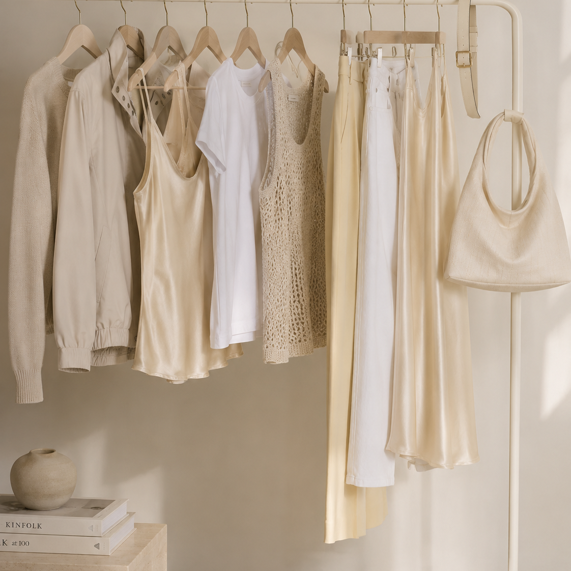 Clothing rack with beige and white garments against a neutral wall.