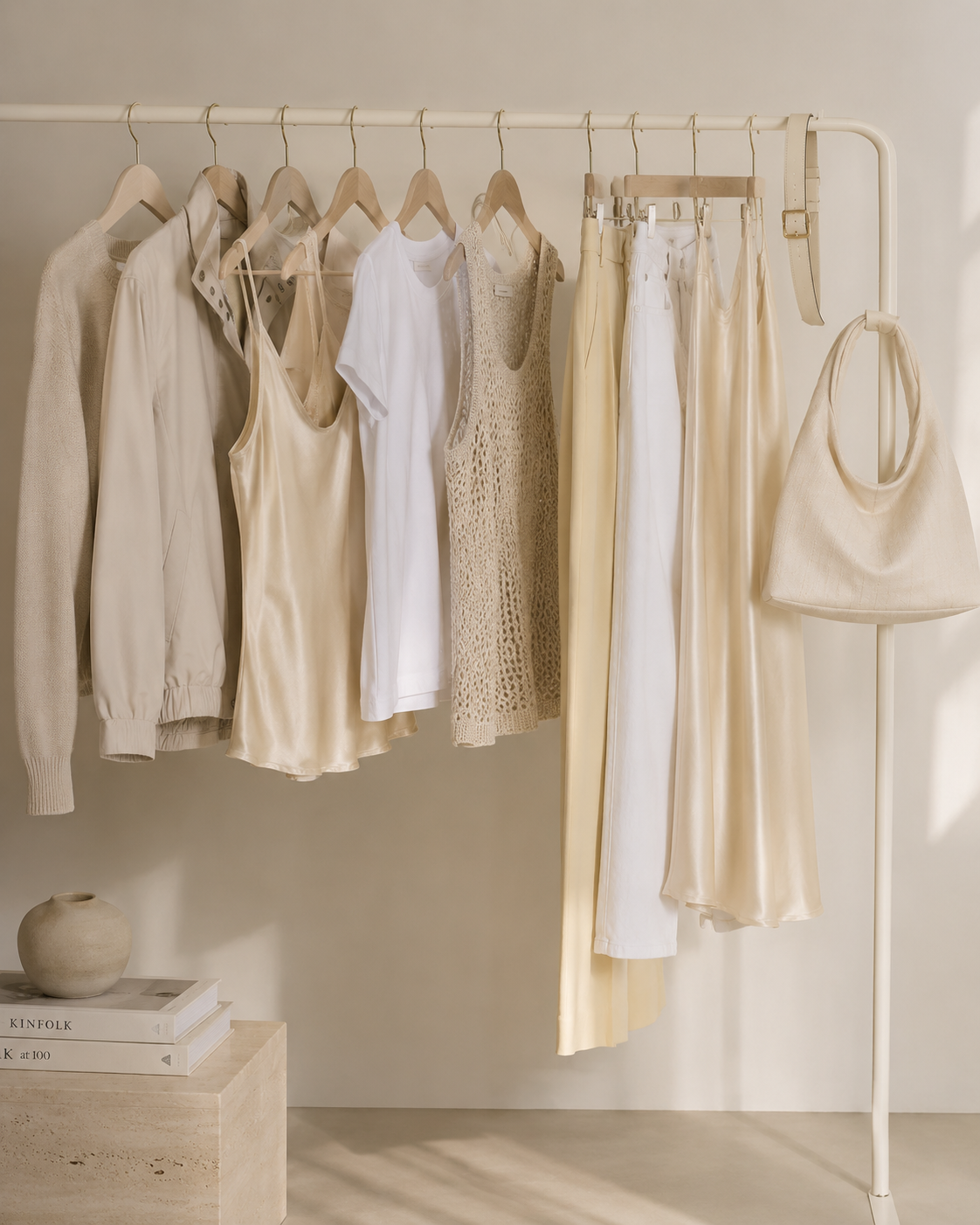 Clothing rack with beige and white garments against a neutral wall.